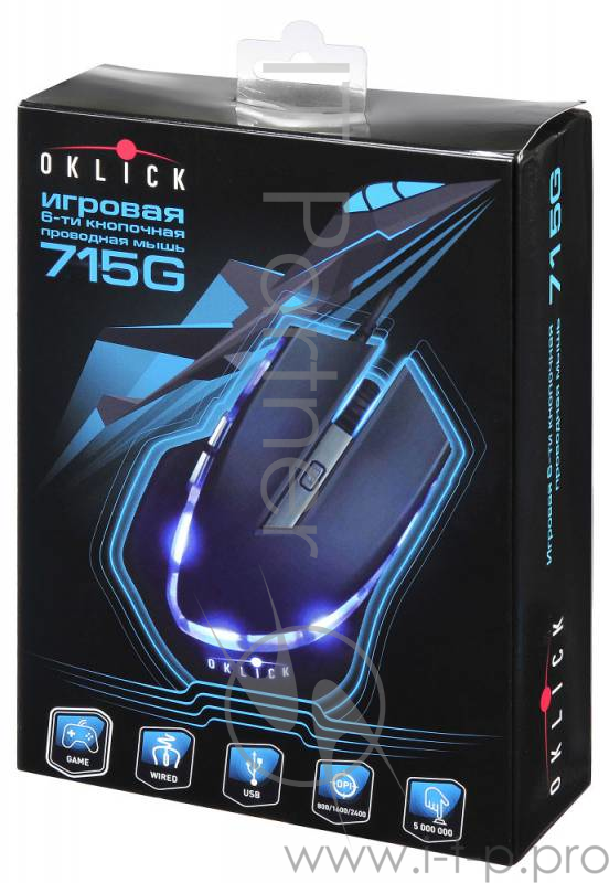Мышь Oklick 715G черный оптическая (1600dpi) USB игровая (6but)