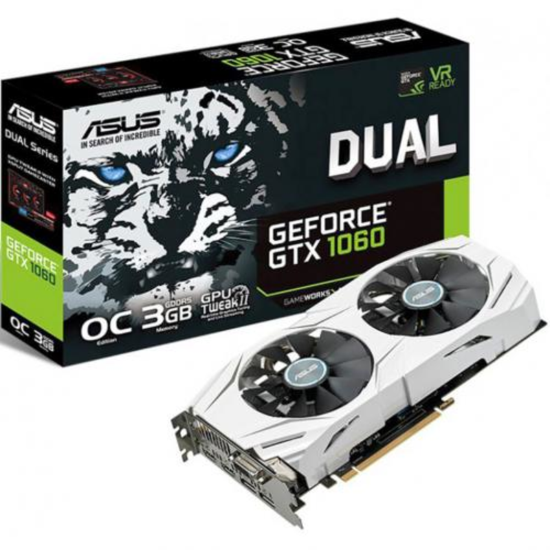 Видеокарта ASUS GeForce GTX 1060 3ГБ DUAL-GTX1060-O3G (GeForce GTX 1060, DDR5, DVI, 2xHDMI, 2xDP) (PCI-E)