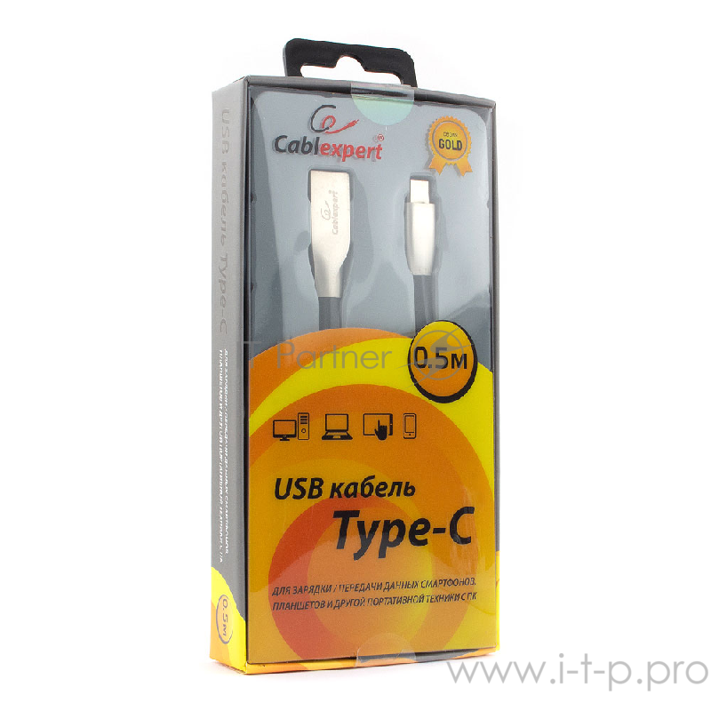 Кабель Cablexpert Кабель USB 2.0 CC-G-USBC01Bk-0.5M AM/Type-C, серия Gold, длина 0.5м, черный, блистер