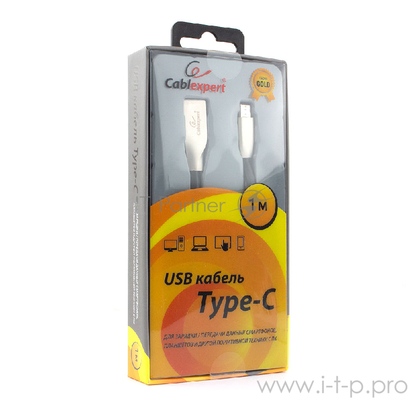 Кабель Cablexpert Кабель USB 2.0 CC-G-USBC01Bk-1M AM/Type-C, серия Gold, длина 1м, черный, блистер