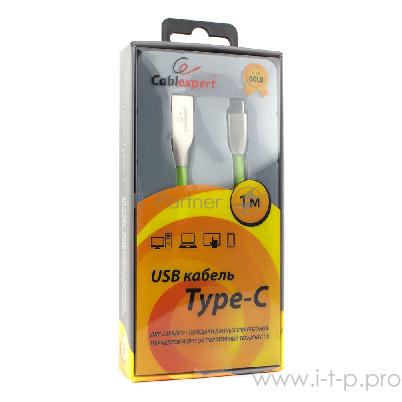 Кабель Cablexpert Кабель USB 2.0 CC-G-USBC01Gn-1M AM/Type-C, серия Gold, длина 1м, зеленый, блистер