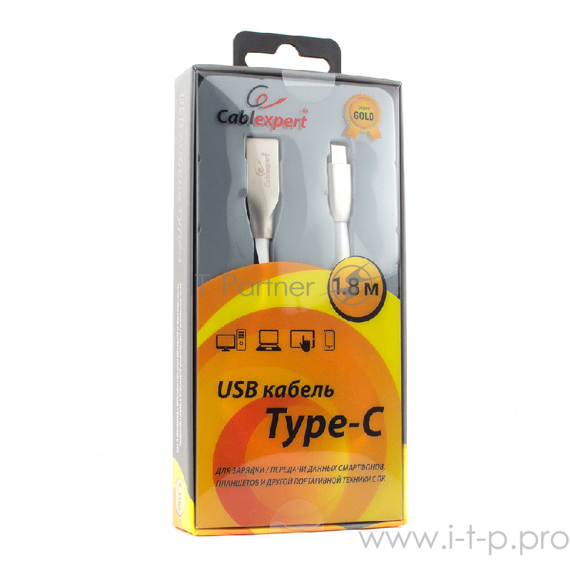 Кабель Cablexpert Кабель USB 2.0 CC-G-USBC01W-1.8M AM/Type-C, серия Gold, длина 1.8м, белый, блистер