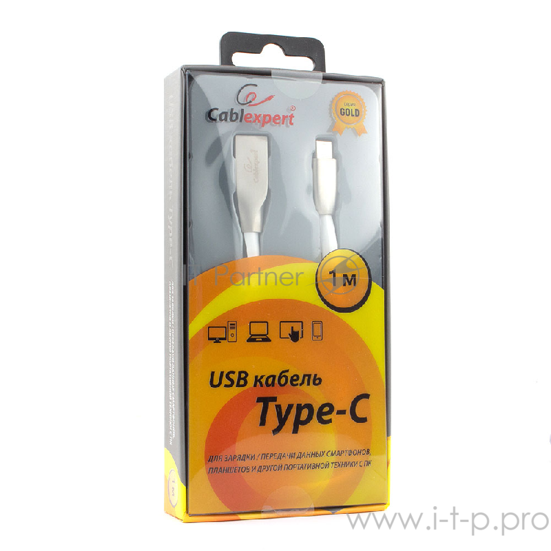 Кабель Cablexpert Кабель USB 2.0 CC-G-USBC01W-1M AM/Type-C, серия Gold, длина 1м, белый, блистер