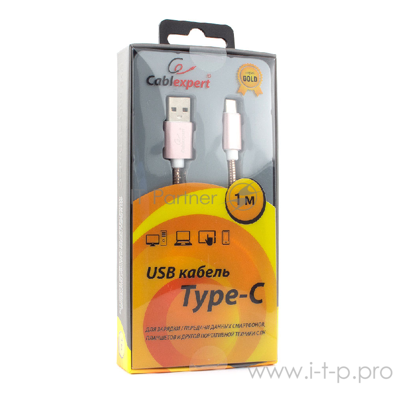 Кабель Cablexpert Кабель USB 2.0 CC-G-USBC02Cu-1M AM/Type-C, серия Gold, длина 1м, золото, блистер