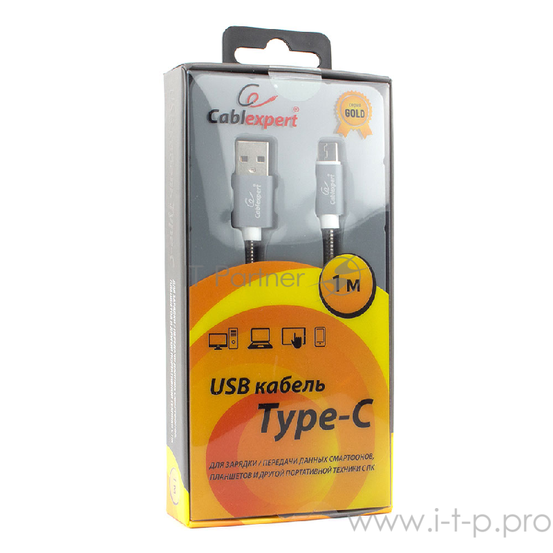 Кабель Cablexpert Кабель USB 2.0 CC-G-USBC02Gy-1M AM/Type-C, серия Gold, длина 1м, титан, блистер