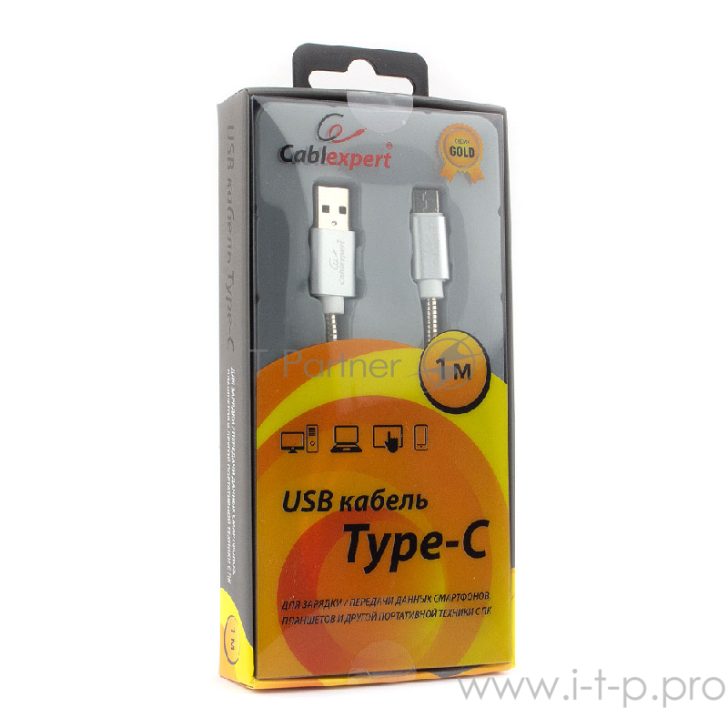Кабель Cablexpert Кабель USB 2.0 CC-G-USBC02S-1M AM/Type-C, серия Gold, длина 1м, серебро, блистер
