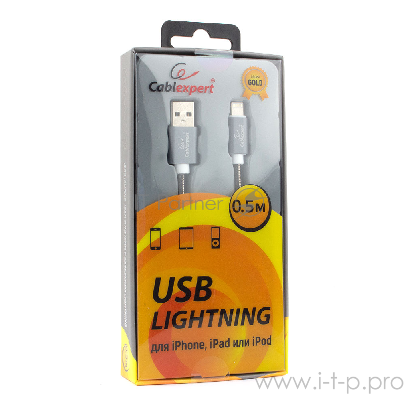Кабель Cablexpert Кабель для Apple CC-G-APUSB02Gy-0.5M, AM/Lightning, серия Gold, длина 0.5м, титан, блистер