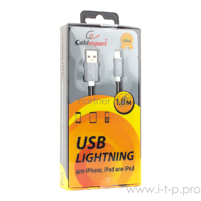 Кабель Cablexpert Кабель для Apple CC-G-APUSB02Gy-1.8M, AM/Lightning, серия Gold, длина 1.8м, титан, блистер