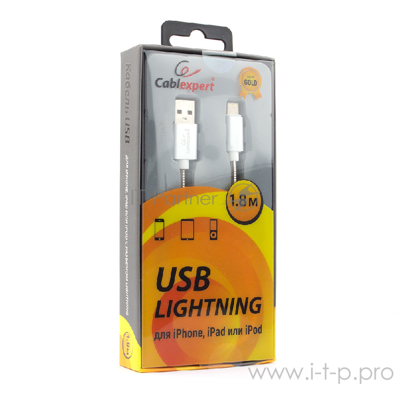 Кабель Cablexpert Кабель для Apple CC-G-APUSB02S-1.8M, AM/Lightning, серия Gold, длина 1.8м, серебро, блистер