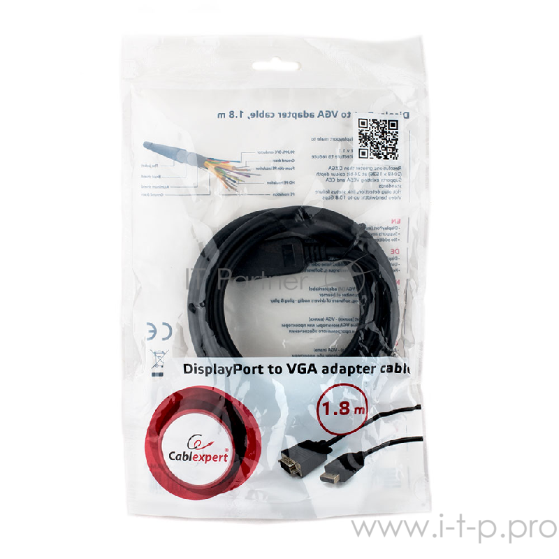 Кабель Cablexpert Кабель DisplayPort-VGA, 1,8м, 20M/15M, черный, экран, пакет (CCP-DPM-VGAM-6)
