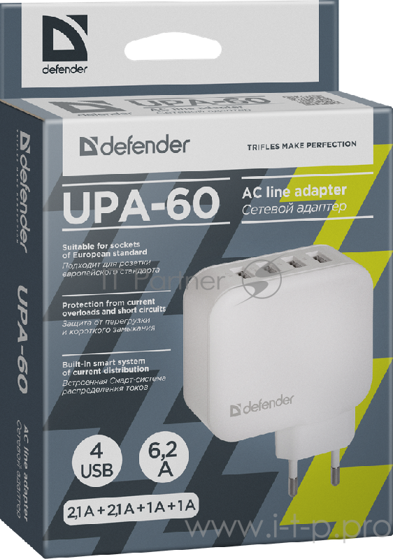 Аксессуар Defender Сетевой адаптер 4 порта USB, 5V / 6.2А (UPA-60) (83544)