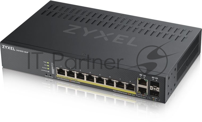 Сетевое оборудование ZYXEL GS1920-8HPV2-EU0101F Гибридный Smart коммутатор PoE+ Zyxel Nebula Flex GS1920-8HPv2, 8xGE PoE+, 2xCombo (SFP/RJ-45), бесшумный (без вентилятора), бюджет PoE 130 Вт, автономное/облачное управл.