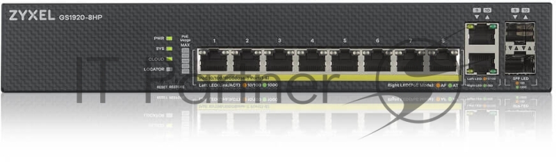 Сетевое оборудование ZYXEL GS1920-8HPV2-EU0101F Гибридный Smart коммутатор PoE+ Zyxel Nebula Flex GS1920-8HPv2, 8xGE PoE+, 2xCombo (SFP/RJ-45), бесшумный (без вентилятора), бюджет PoE 130 Вт, автономное/облачное управл.