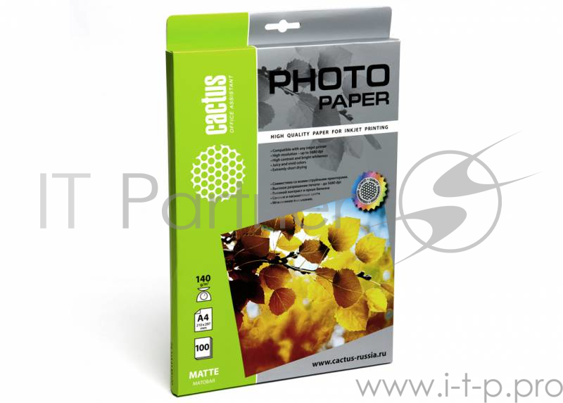 Бумага CS-MA4140100 Фотобумага Cactus CS-MA4140100 матовая, А4, 140 г/м2, 100 листов