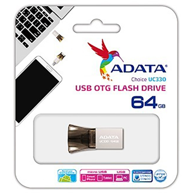 Флеш Диск 64GB A-DATA DashDrive UC330 OTG, USB 2.0/MicroUSB, Серебро/Черный
