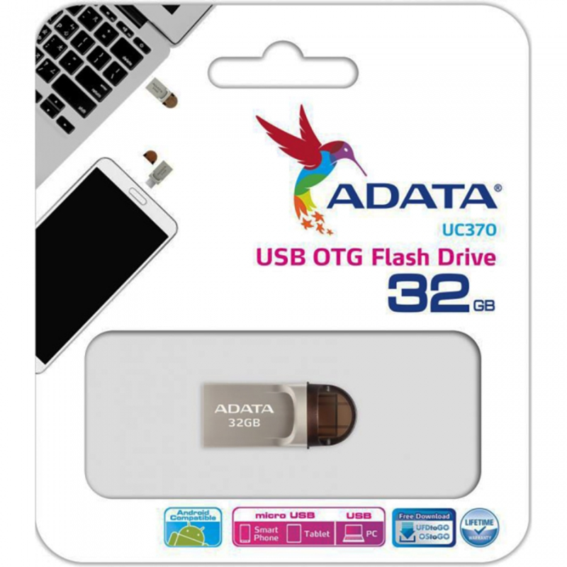 Флеш Диск 32GB A-DATA DashDrive UC370 OTG, USB 3.1/Type-C, Золотой