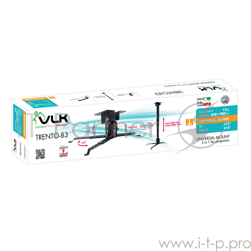 Кронштейн для проекторов VLK TRENTO-83 Черный, настенный/потолочный, max 15 кг, 3 ст своб/, наклон ±