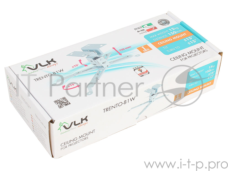 Кронштейн для проекторов VLK TRENTO-81w Белый, потолочный, max 15 кг, 3 ст свободы, наклон 15°, пово