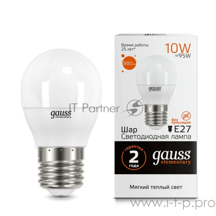 GAUSS Светодиодные лампы GAUSS 53210 Светодиодная лампа LED Elementary Шар 10W E27 880lm 3000K 1/10/100 0