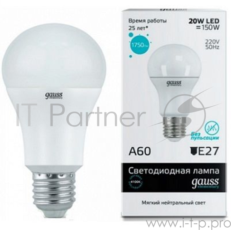 GAUSS Светодиодные лампы GAUSS 23229 Светодиодная лампа LED Elementary A60 20W E27 1600lm 4100K 1/10/50 0