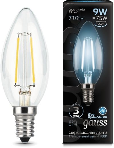 GAUSS Светодиодные лампы GAUSS 103801209 Светодиодная лампа LED Filament Свеча E14 9W 710lm 4100К 1/10/50