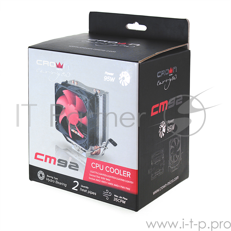 вентилятор CROWN Кулер для процессора CM-92 (Для Intel и AMD, TDP до 95 Ватт, 2шт. медных теплопроводных трубок , Гидродинамическиий подшипник, Размер: 117*79*113 мм)
