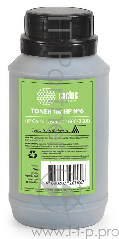 Тонер Cactus CS-THP6BK-95 черный флакон 95гр. для принтера HP CLJ 1600/2600