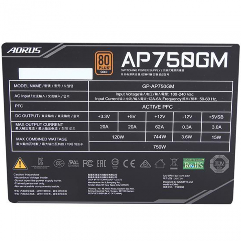 Блок питания 750Вт GIGABYTE AORUS P750W GP-AP750GM ATX12V V2.31 (20/24+4/8+6/8pin, вентилятор d135мм) + кабель питания EURO