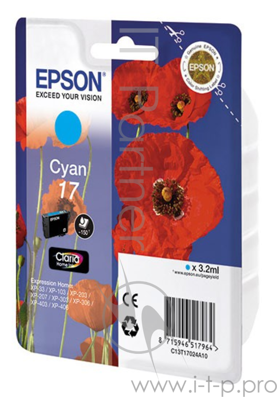 Картридж струйный Epson C13T17024A10 голубой для Epson XP33/203/303 (150стр.)
