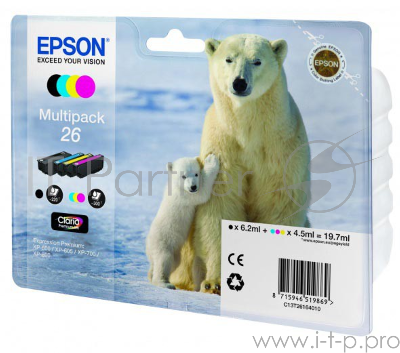 Комплект картриджей Epson 26 C13T26164010 (черный, голубой, желтый, пурпурный) для Expression Premium XP-600/605/700/800