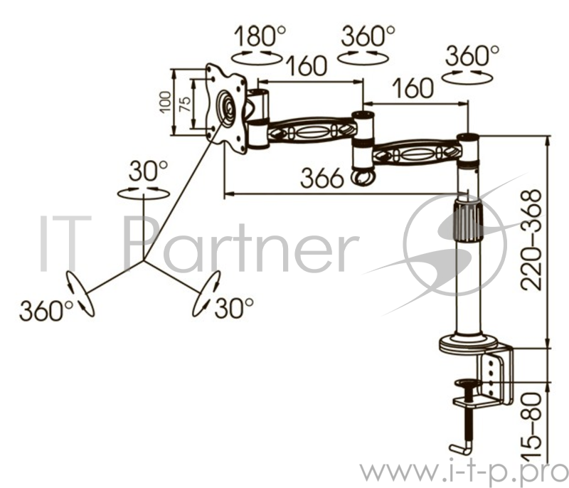 Кронштейн для мониторов ЖК Kromax OFFICE-2 серый 15-32 макс.10кг настольный поворот и наклон