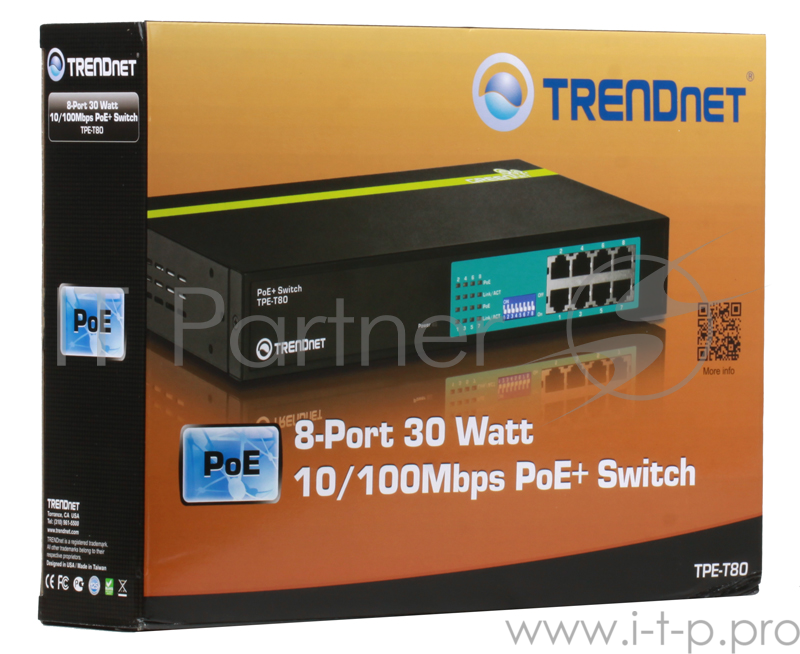 Коммутатор Trendnet TPE-T80 8-портовый PoE+ коммутатор 10/100 Мбит/с до 30Вт на PoE порт