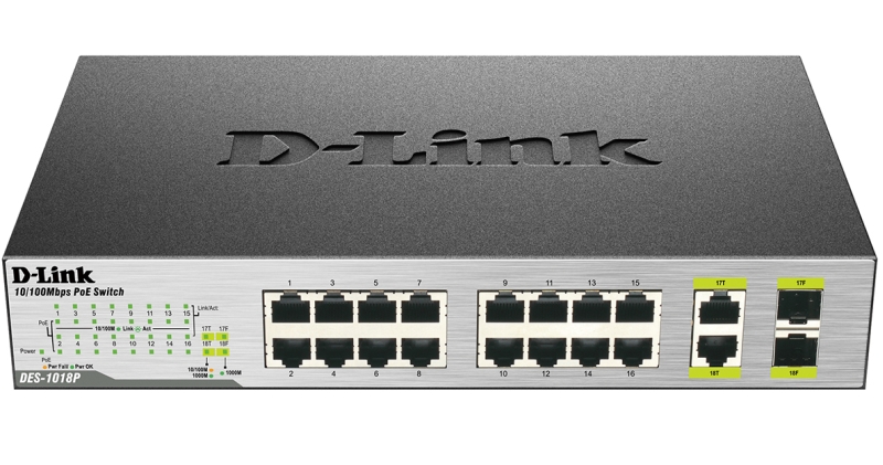 Коммутатор D-Link DES-1018P неуправляемый настольный 16x10/100BASE-TX 2x10/100/1000BASE-T 2x10/100/1