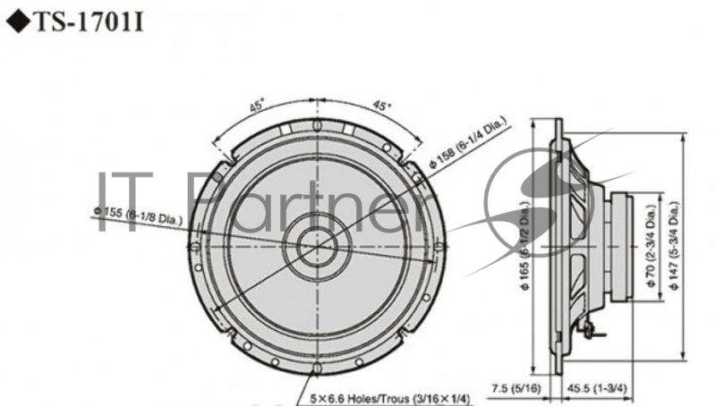 Колонки автомобильные Pioneer TS-1701I 170Вт 90дБ 4Ом 17см (6 3/4дюйм) (ком.:2кол.) широкополосные о