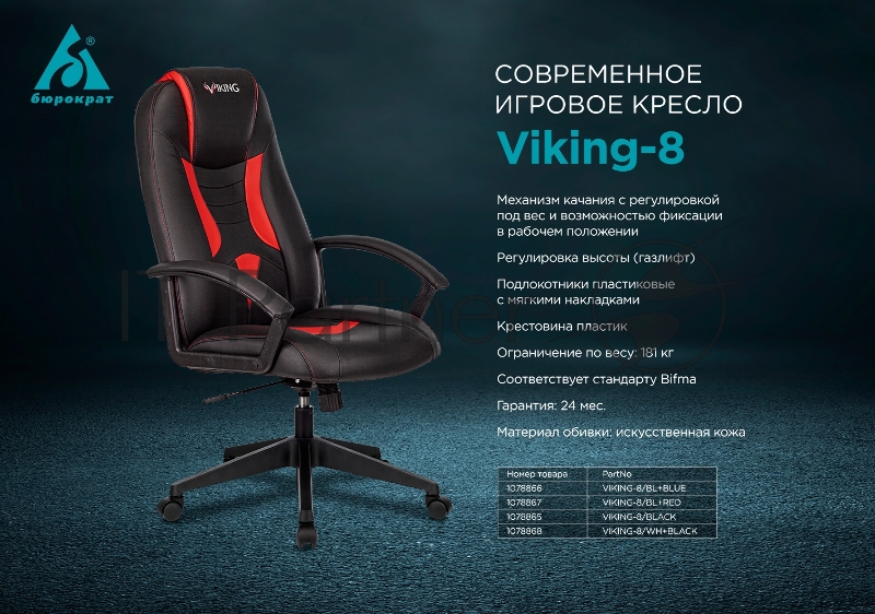 Кресло игровое Бюрократ VIKING-8/BL+RED черный/красный искусственная кожа