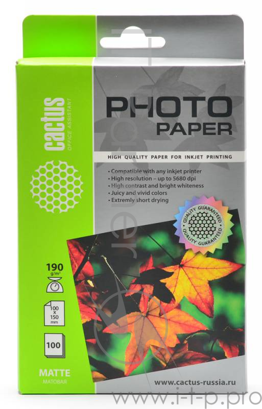 Фотобумага Cactus CS-MA6190100 10x15/190г/м2/100л./белый матовое для струйной печати