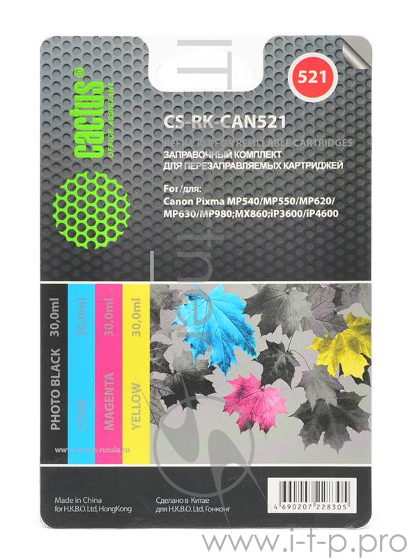 Заправка для ПЗК Cactus CS-RK-CAN521 многоцветный 4x30мл для Canon Pixma MP540/MP550/MP620/MP630/MP6
