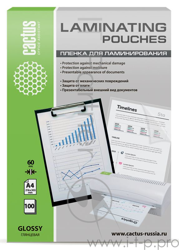 Пленка для ламинирования Cactus 60мкм A4 (100шт) глянцевая 216x303мм CS-LPGA460100