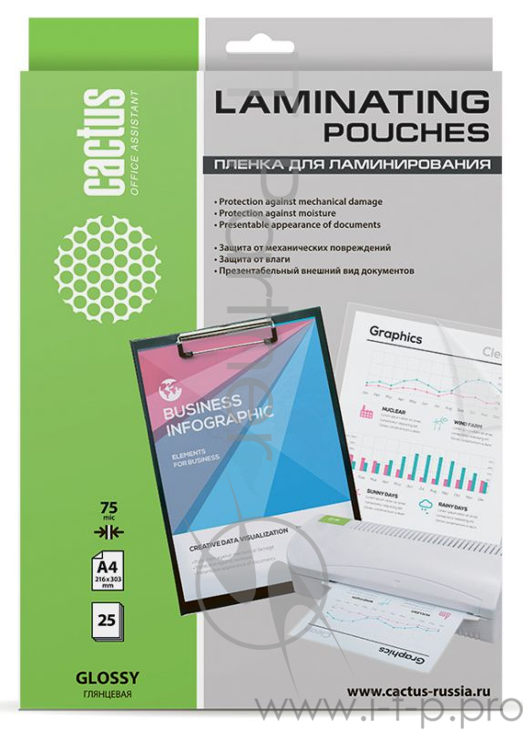 Пленка для ламинирования Cactus 75мкм A4 (25шт) глянцевая 216x303мм CS-LPGA47525