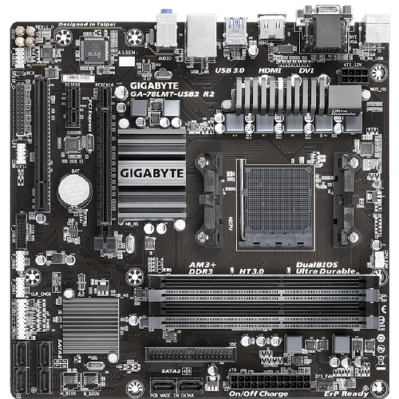 Мат. плата SocketAM3+ GIGABYTE GA-78LMT-USB3 R2 (AMD 760G, 4xDDR3, U133, SATA II, RAID, PCI-E, D-Sub, DVI, HDMI, 1Гбит LAN, USB3.1, mATX)