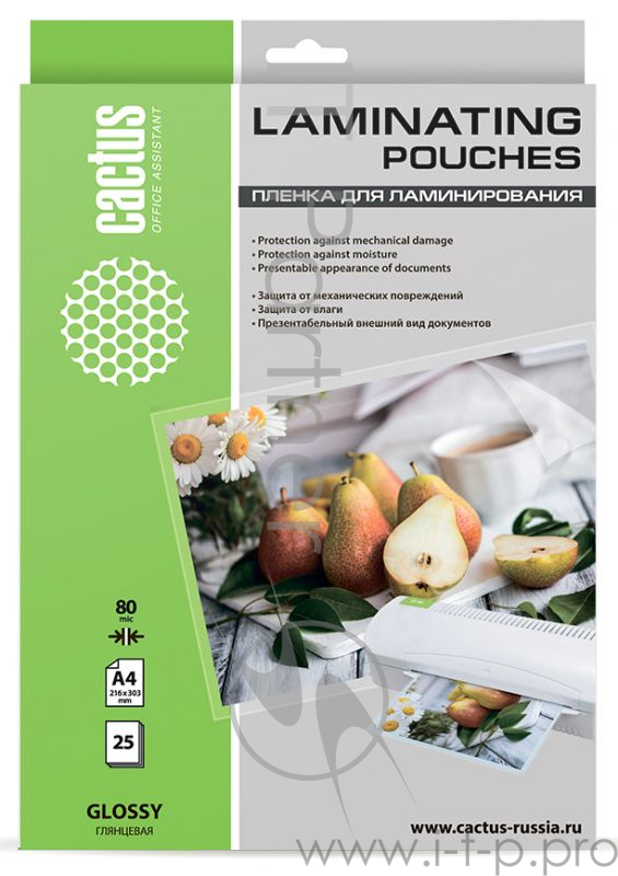 Пленка для ламинирования Cactus 80мкм A4 (25шт) глянцевая 216x303мм CS-LPGA48025