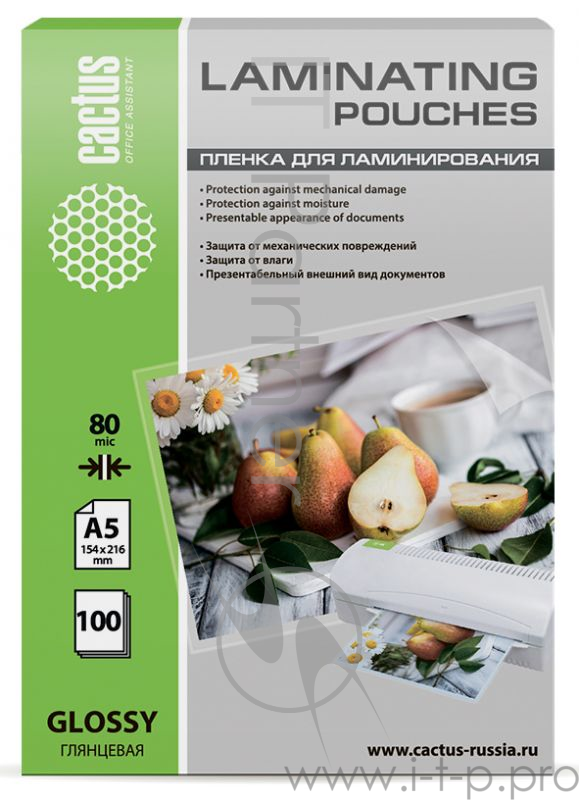 Пленка для ламинирования Cactus 80мкм A5 (100шт) глянцевая 154x216мм CS-LPGA580100