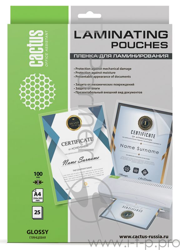 Пленка для ламинирования Cactus 100мкм A4 (25шт) глянцевая 216x303мм CS-LPGA410025