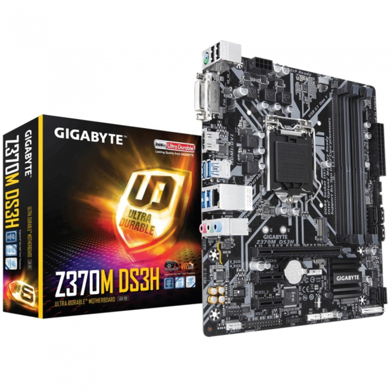 Мат. плата Socket1151 GIGABYTE Z370M DS3H (iZ370, 4xDDR4, M.2, SATA III, RAID, PCI-E, DVI, HDMI, 1Гбит LAN, USB3.1, mATX)
