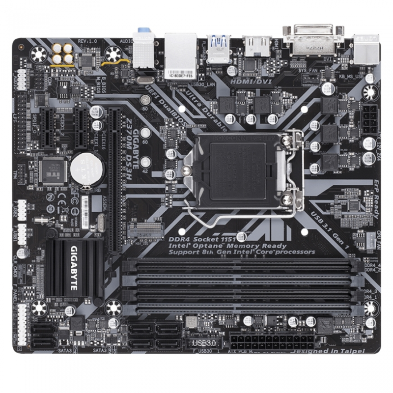 Мат. плата Socket1151 GIGABYTE Z370M DS3H (iZ370, 4xDDR4, M.2, SATA III, RAID, PCI-E, DVI, HDMI, 1Гбит LAN, USB3.1, mATX)