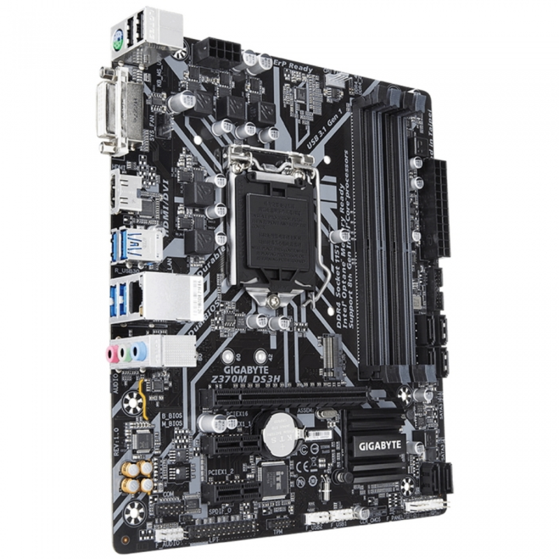 Мат. плата Socket1151 GIGABYTE Z370M DS3H (iZ370, 4xDDR4, M.2, SATA III, RAID, PCI-E, DVI, HDMI, 1Гбит LAN, USB3.1, mATX)