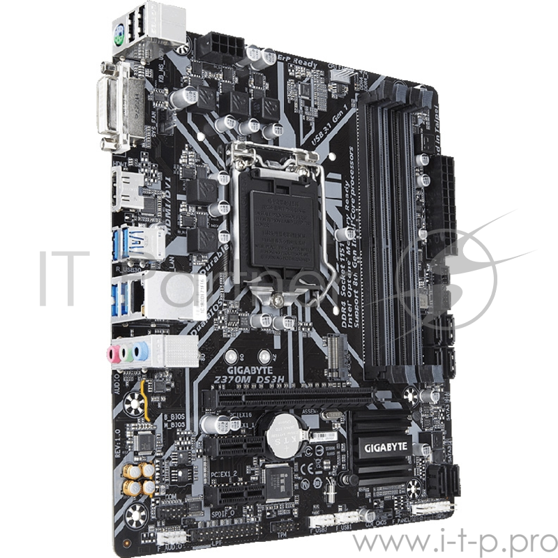 Мат. плата Socket1151 GIGABYTE Z370M DS3H (iZ370, 4xDDR4, M.2, SATA III, RAID, PCI-E, DVI, HDMI, 1Гбит LAN, USB3.1, mATX)