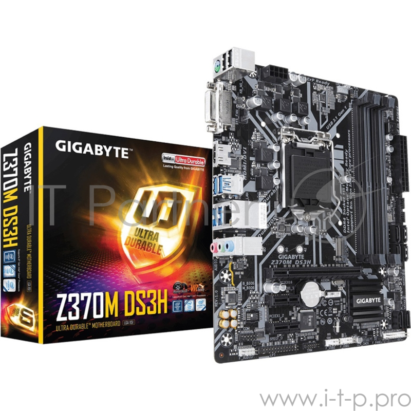 Мат. плата Socket1151 GIGABYTE Z370M DS3H (iZ370, 4xDDR4, M.2, SATA III, RAID, PCI-E, DVI, HDMI, 1Гбит LAN, USB3.1, mATX)