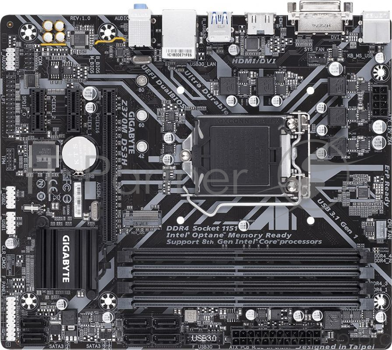Мат. плата Socket1151 GIGABYTE Z370M DS3H (iZ370, 4xDDR4, M.2, SATA III, RAID, PCI-E, DVI, HDMI, 1Гбит LAN, USB3.1, mATX)