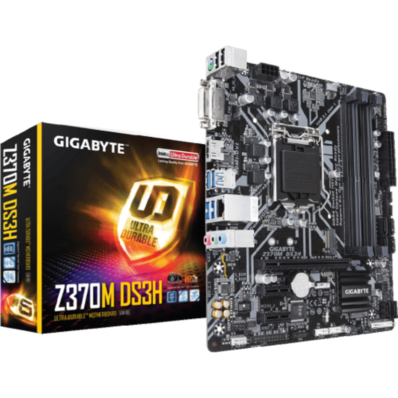 Мат. плата Socket1151 GIGABYTE Z370M DS3H (iZ370, 4xDDR4, M.2, SATA III, RAID, PCI-E, DVI, HDMI, 1Гбит LAN, USB3.1, mATX)